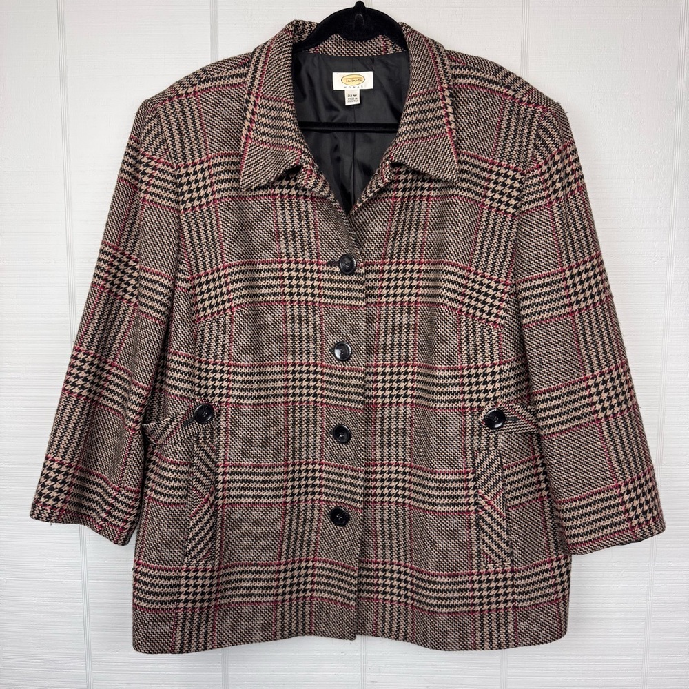 Talbots Wool Black Tan Red Glen Plaid Button Up Peacoat Jacket Shoulder Pads 22